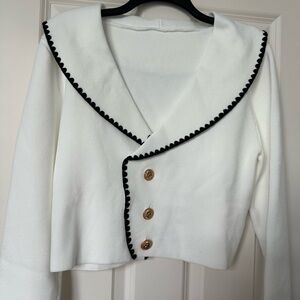 Cropped White Sailor Collar Jacket with Black Trim